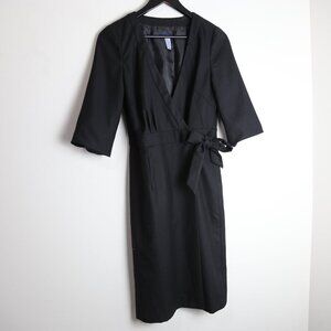J.Crew Black 100% Wool 3/4 Sleeve Belted Wrap Bodycon Midi Dress Size 4